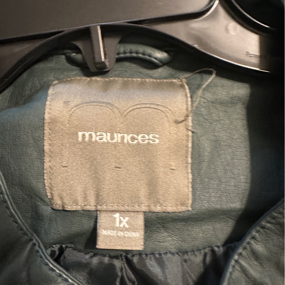 Maurice’s dark green faux leather zip up jacket with stretch sides and arms. - Picture 3 of 6